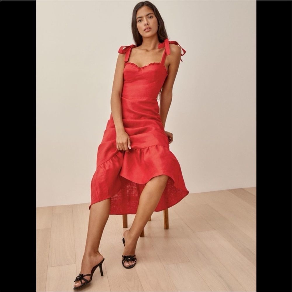 Reformation Vale Linen Dress Cherry Red size 2